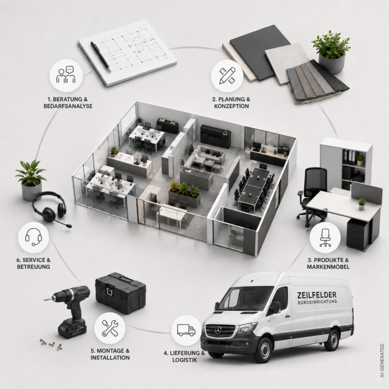 AI-GENERATED Prozessgrafik von Zeilfelder Büroeinrichtung: Beratung, Planung, Produkte, Lieferung, Montage und Service rund um ein 3D-Büromodell